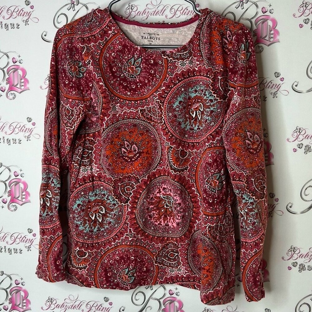 Talbots long sleeve stretchy boho Red and Pink Paisley Blouse top